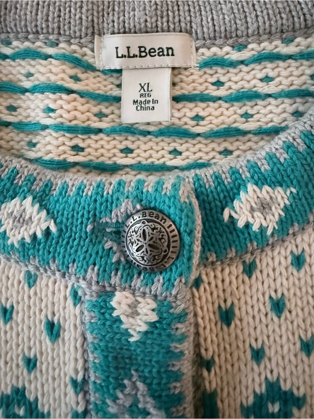 L.L. Bean Fair Isle Nordic Cardigan Sweater 100% Cotton size XL - Picture 3 of 8